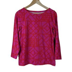 Vineyard Vines Shirt Small Pink Orange Geometric Print Scoop Neck Long Sleeve